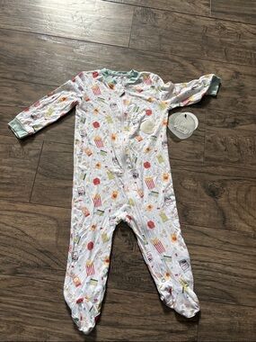 White Popcorn & Snack Print Footed One-Piece with Mint Trim